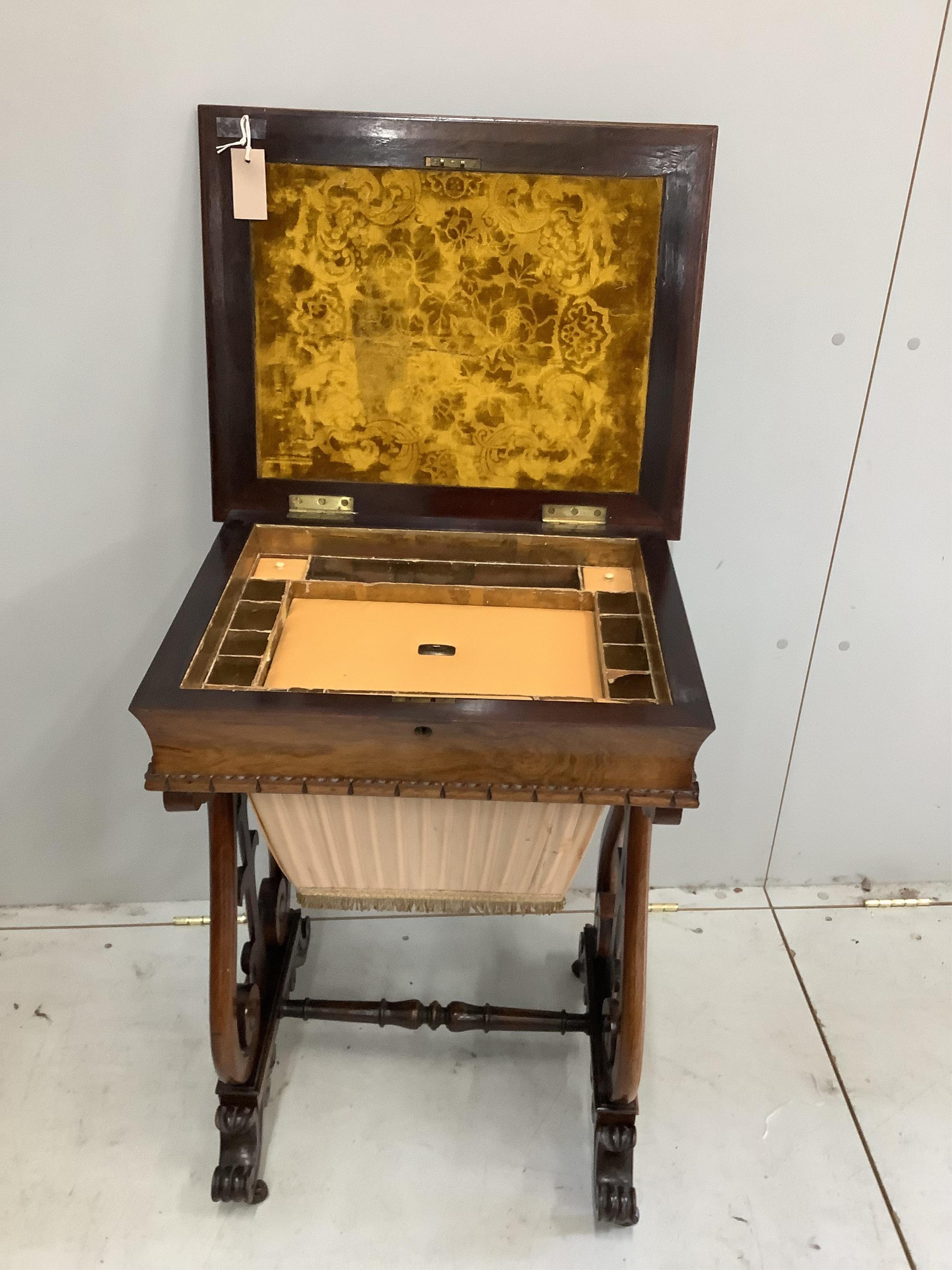 A Victorian rosewood work table, width 56cm. Condition - top faded, otherwise good